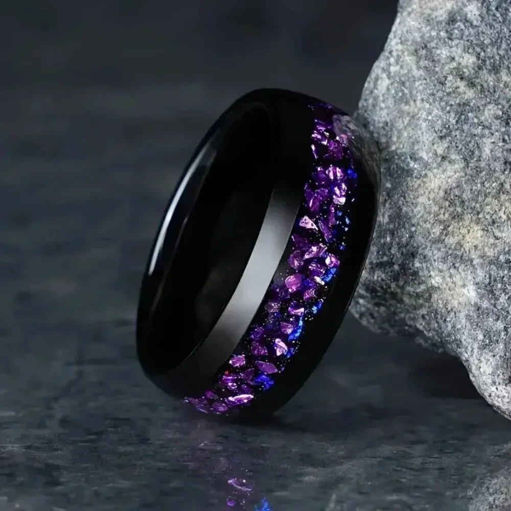 Tungsten Steel Carbide in Black with Center Purple Amethyst Nebula Inlay stateme